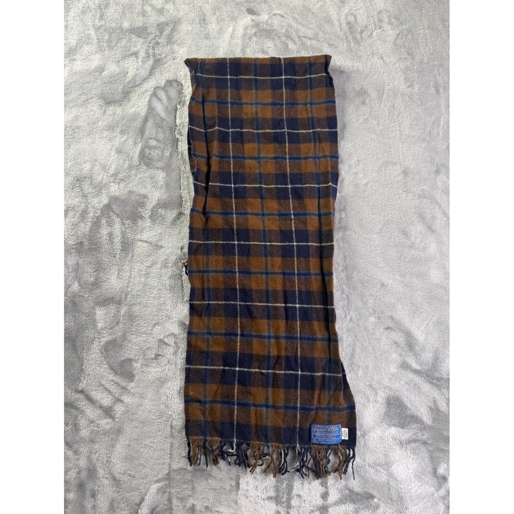 Pendleton Men's Scarf One Size Brown Woven Brand Label Wool Fringe Plaid IN USA